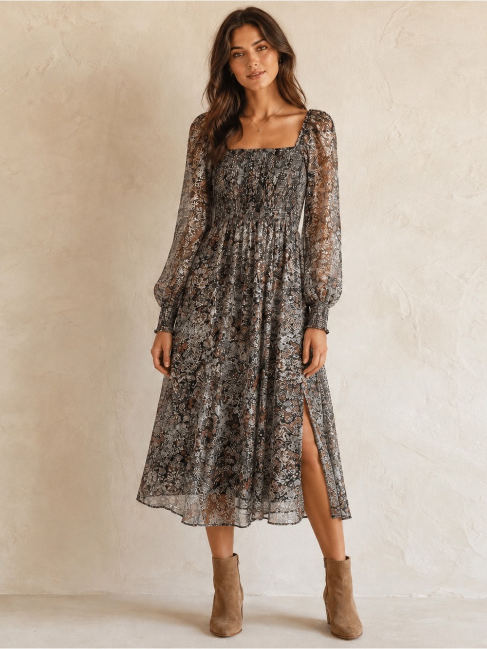 🌺 O.P.T. Metallic Floral Smocked Midi Dress